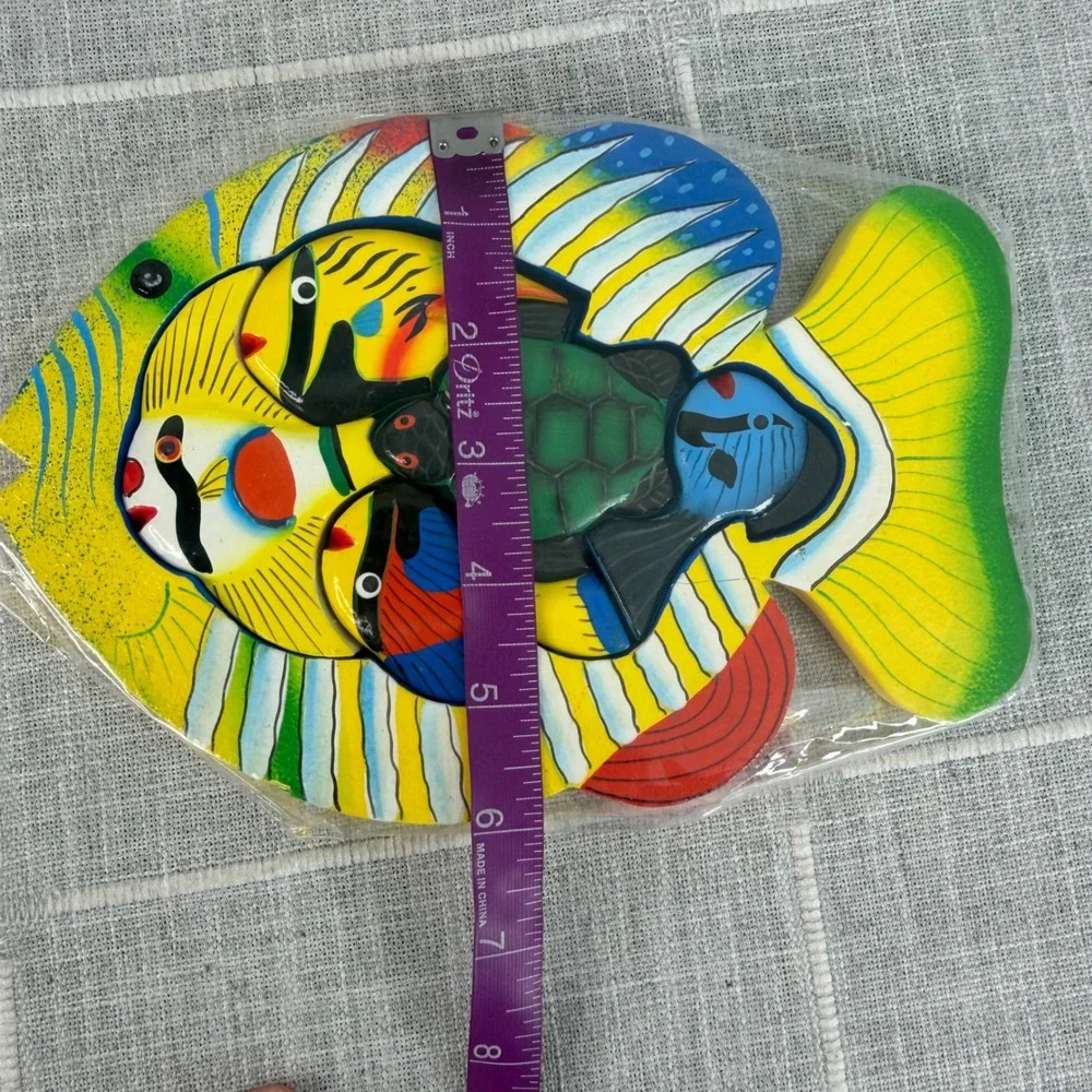 Painted Wood Fish Shape Puzzle Colorful 5‎ Pieces Ocean Nautical Made in India